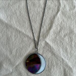 Iridescent Moon Pendant Necklace - White and Multi-Color Stained Glass Handmade